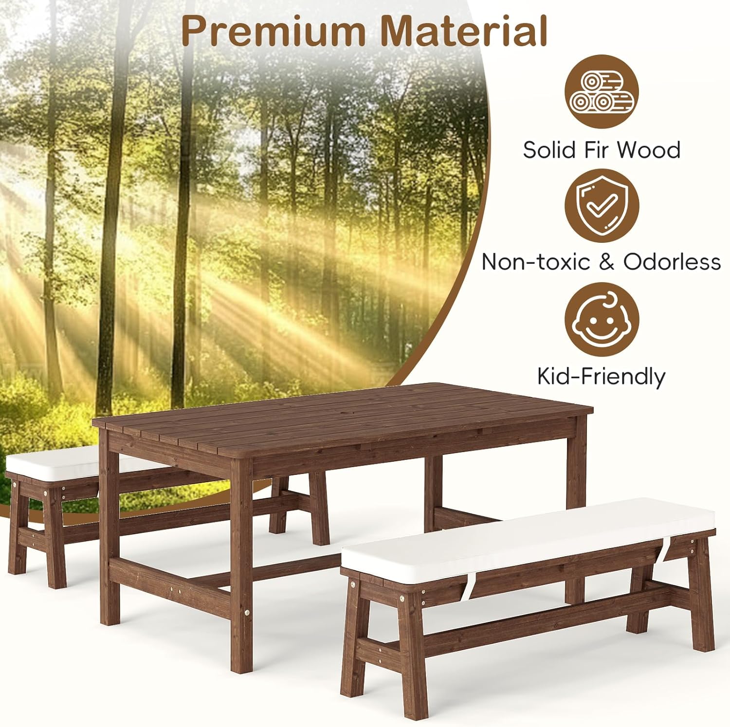Olakids Kids Picnic Table, Outdoor Wooden Bench Set with Removable Cushions Adjustable Foldable Umbrella