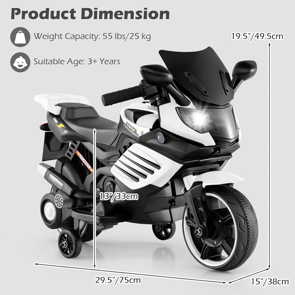 OLAKIDS 6V Kids Motorcycle with Training Wheels, Horn, Music, Headlight for Boys Girls Aged 3+ Years (White)