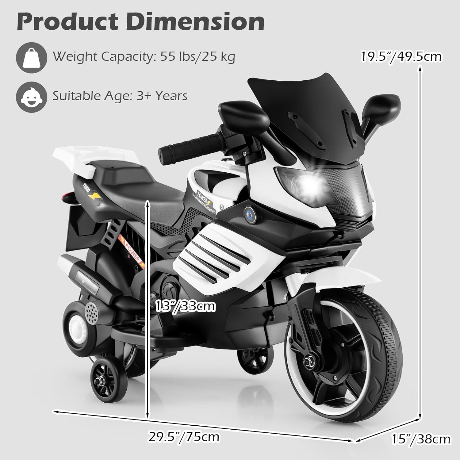 OLAKIDS 6V Kids Motorcycle with Training Wheels,for Boys Girls Aged 3+ Years
