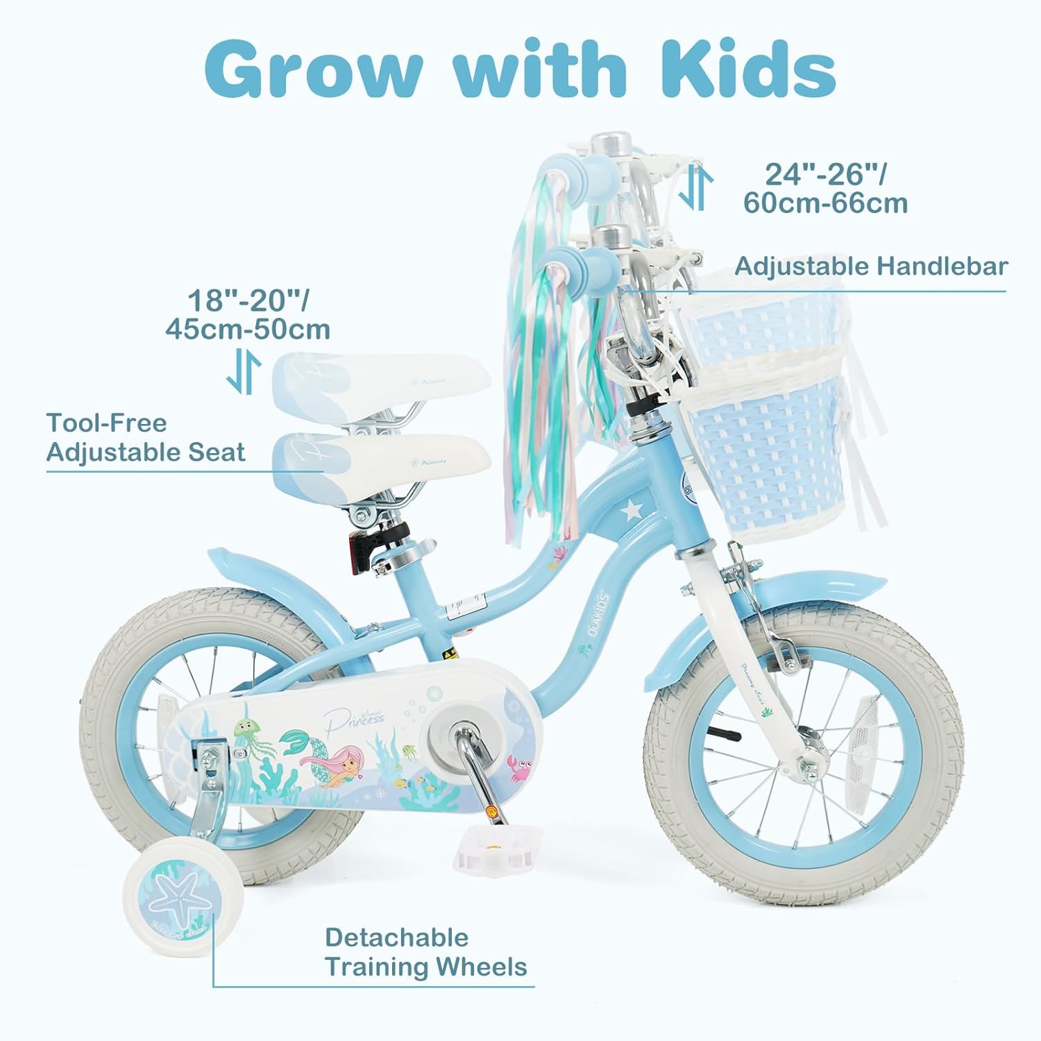 Olakids Kids Bike, 12 14 16 18 20 Inch Mermaid Theme Girls Bicycle with Training Wheels