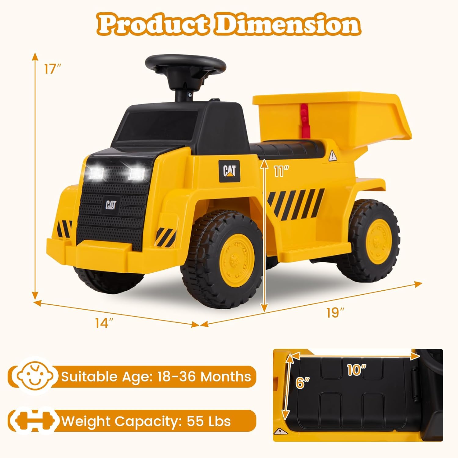 OLAKIDS Licensed Cat Ride on Car, 6V Dump Truck Battery Powered Construction for Kids Toddler Age 1.5-3