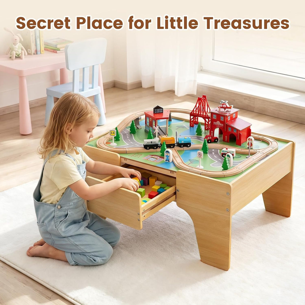 OLAKIDS Train Table, 63 PCS Wooden Kids Activity Toy with Storage Drawer