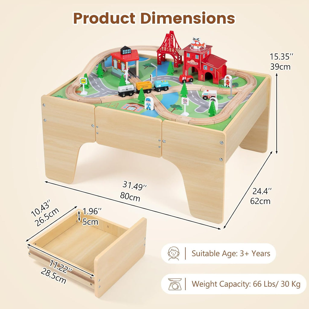 OLAKIDS Train Table, 63 PCS Wooden Kids Activity Toy with Storage Drawer