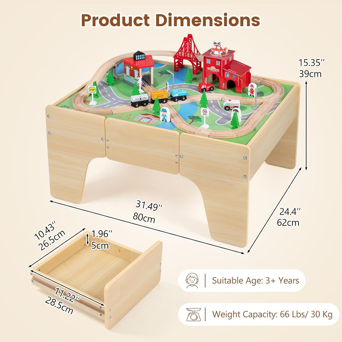 OLAKIDS Train Table, 63 PCS Wooden Kids Activity Toy with Storage Drawer