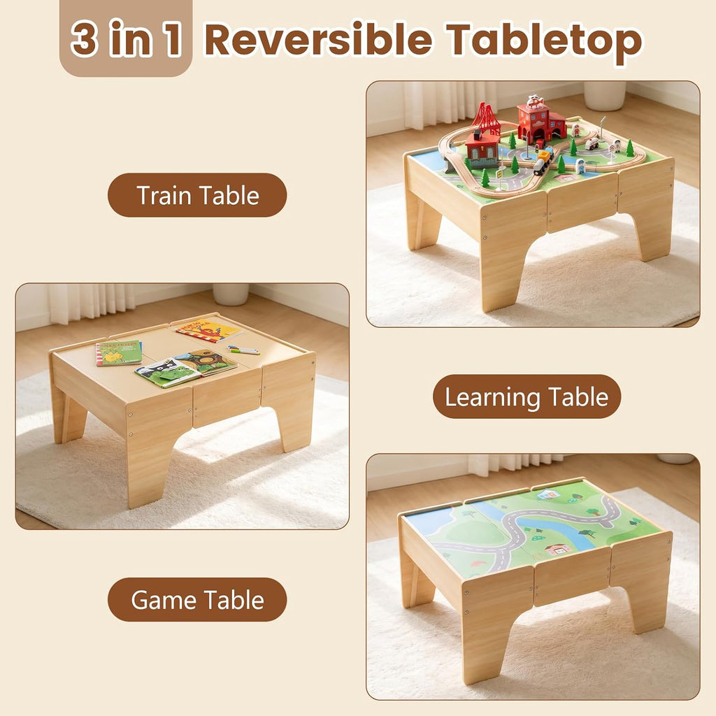 OLAKIDS Train Table, 63 PCS Wooden Kids Activity Toy with Storage Drawer
