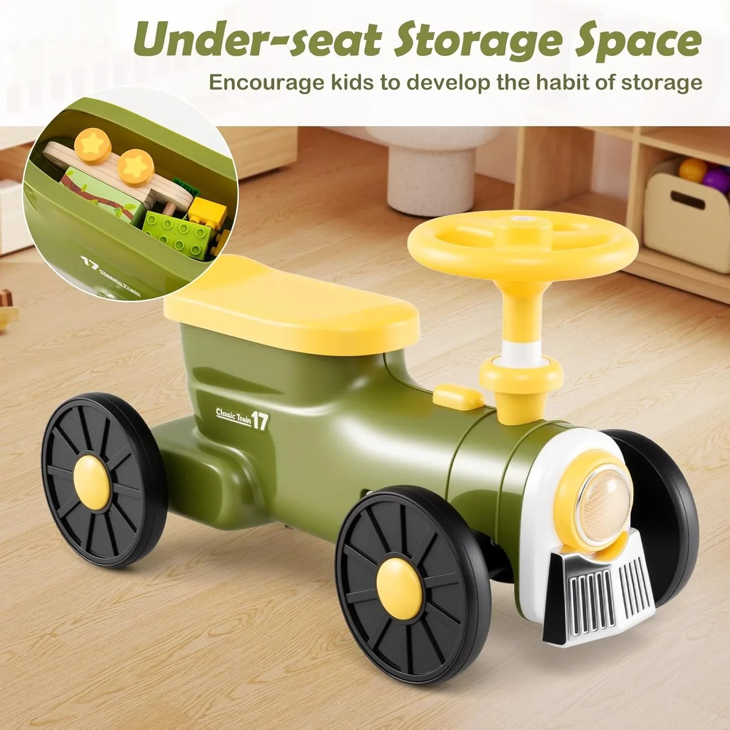 OLAKIDS Toddler Foot-to-Floor Ride On Push Car with Train Whistle and Under Seat Storage