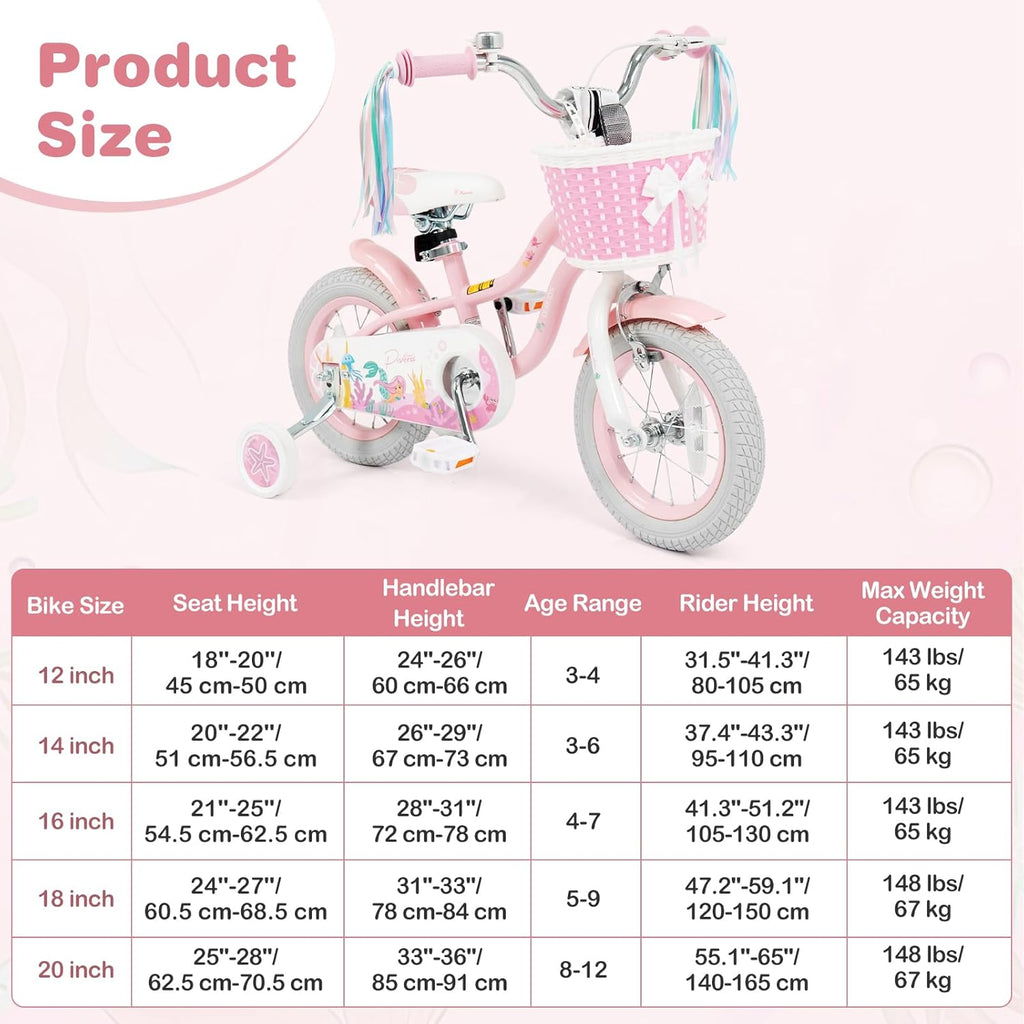 Olakids Kids Bike, 12 14 16 18 20 Inch Mermaid Theme Girls Bicycle with Training Wheels