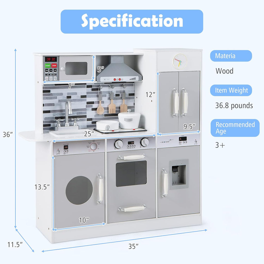 OLAKIDS Wooden Pretend Kitchen Playset for Toddlers with Realistic Light, Sound, Microwave & Storage Cabinet