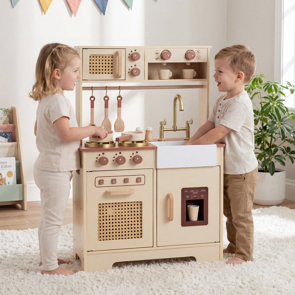 OLAKIDS Play Kitchen, Wooden Kids Cooking Toy with Realistic Lights Sounds, Ice Maker, Microwave, 14 Pretend Play Accessories for Boys Girls Ages 3+