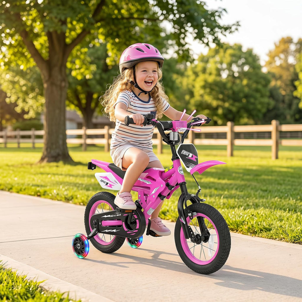 Olakids 12/16 Inch Motorcycle Kids BMX Bike with Light Training Wheels & Suspension