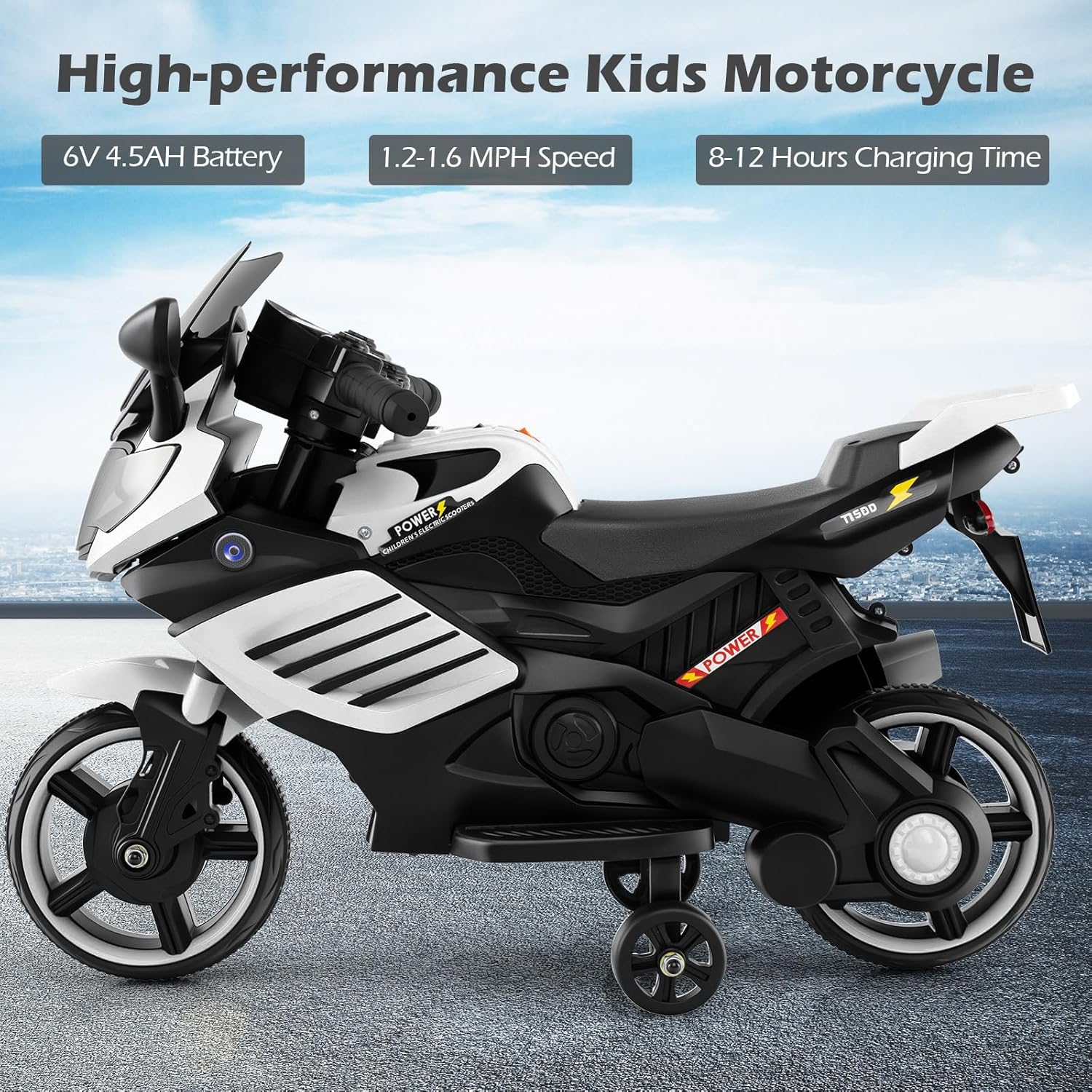 OLAKIDS 6V Kids Motorcycle with Training Wheels, Horn, Music, Headlight for Boys Girls Aged 3+ Years (White)