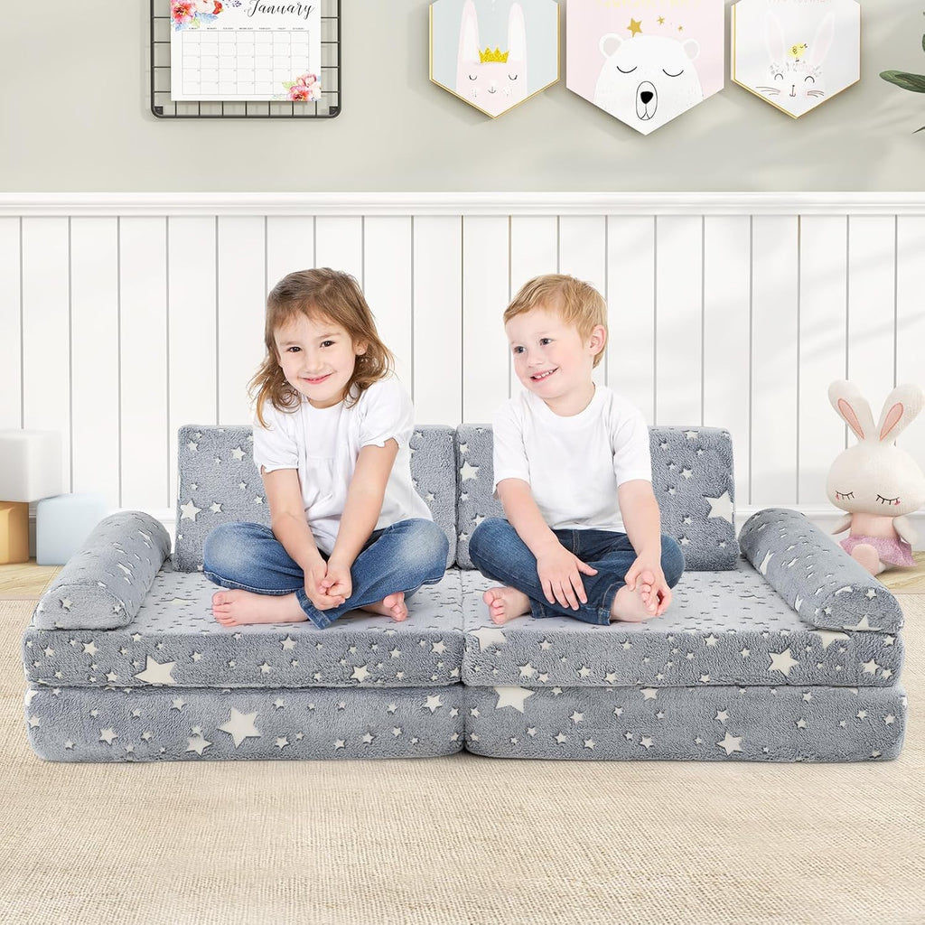 OLAKIDS Modular Kids Play Couch, 8 PCS Fluorescent Toddler Creative Sectional Fort Building Sofa for Playroom, Bedroom