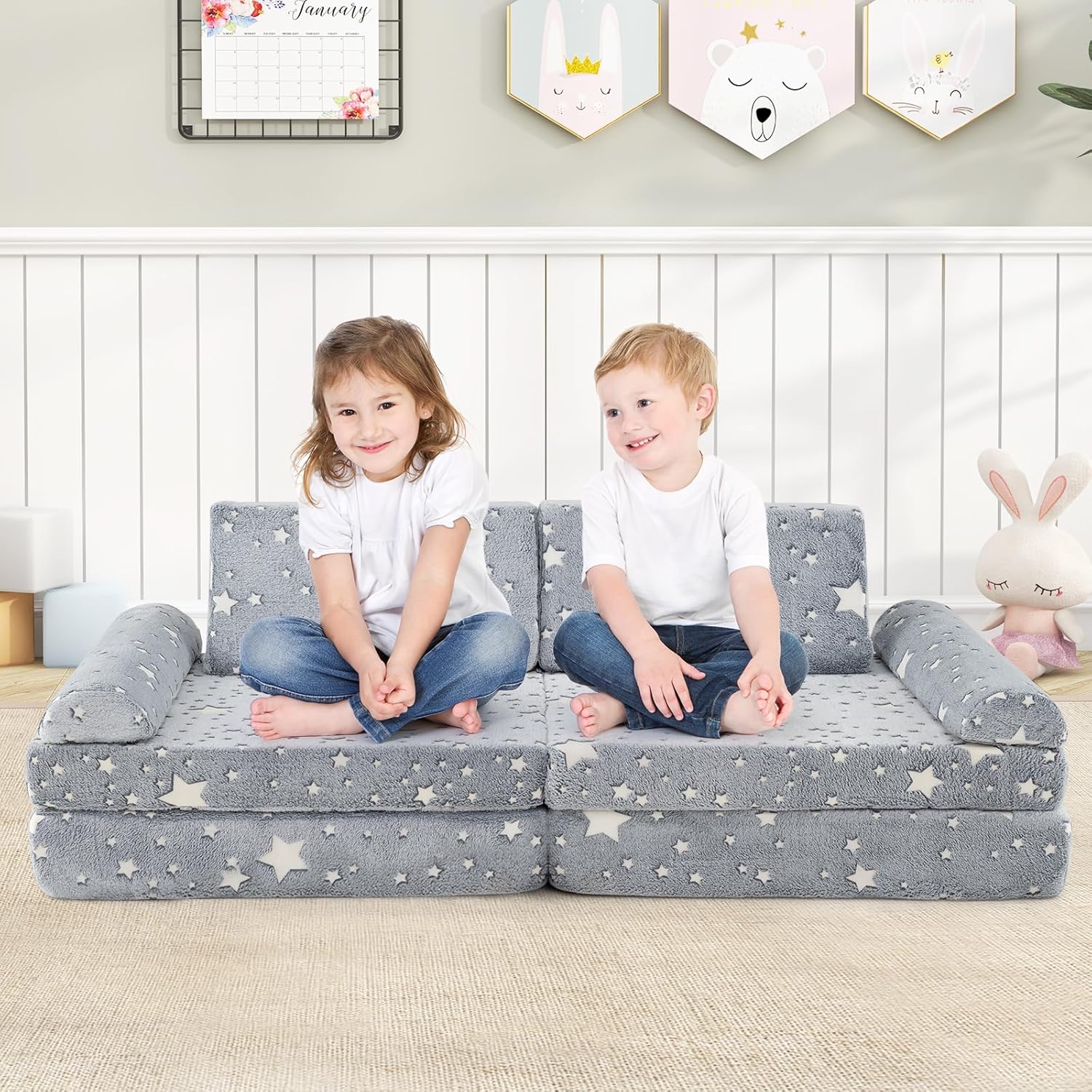 OLAKIDS Modular Kids Play Couch, 8 PCS Fluorescent Toddler Creative Sectional Fort Building Sofa for Playroom, Bedroom