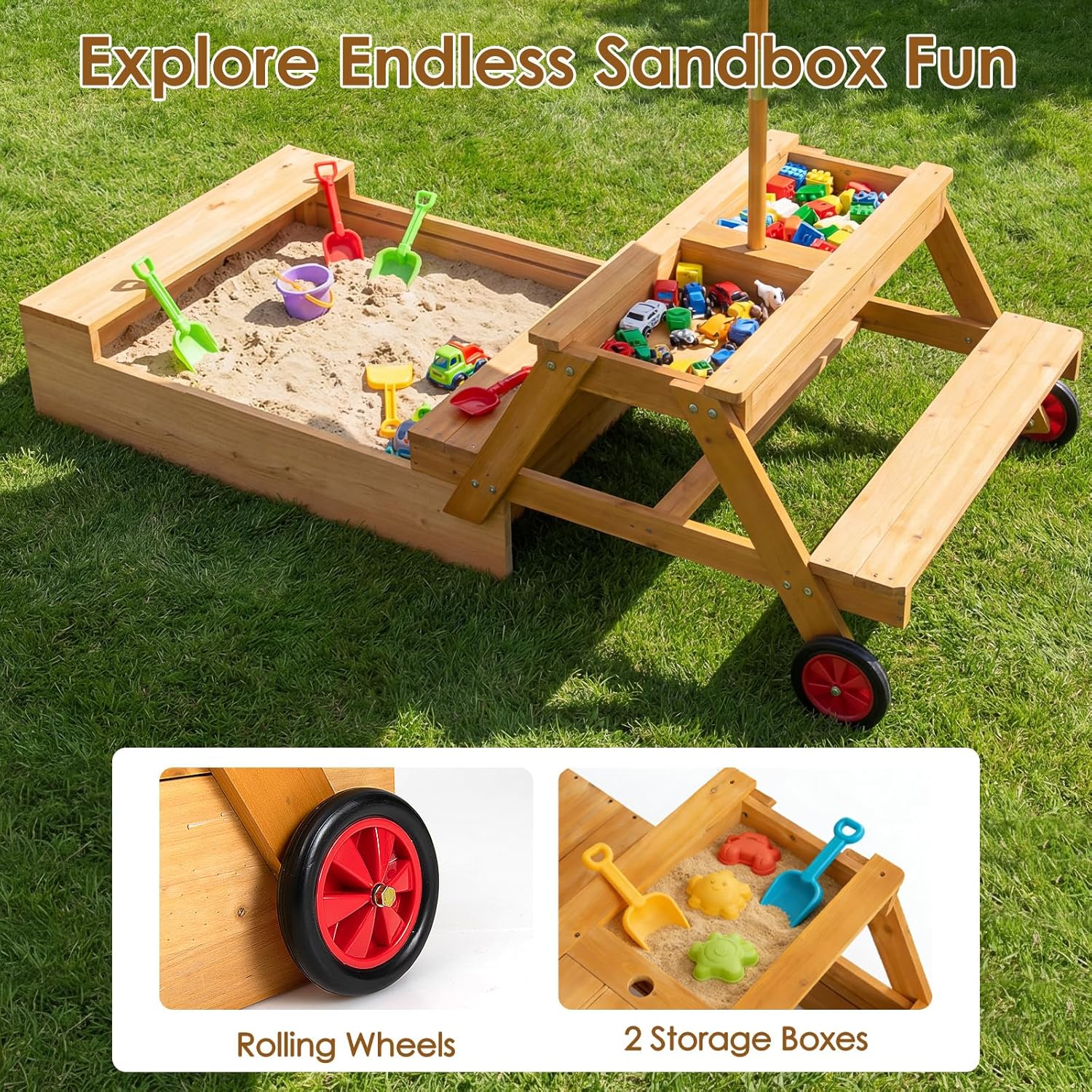 OLAKIDS 3-in-1 Wooden Picnic Table with Sandbox Benches and Umbrella