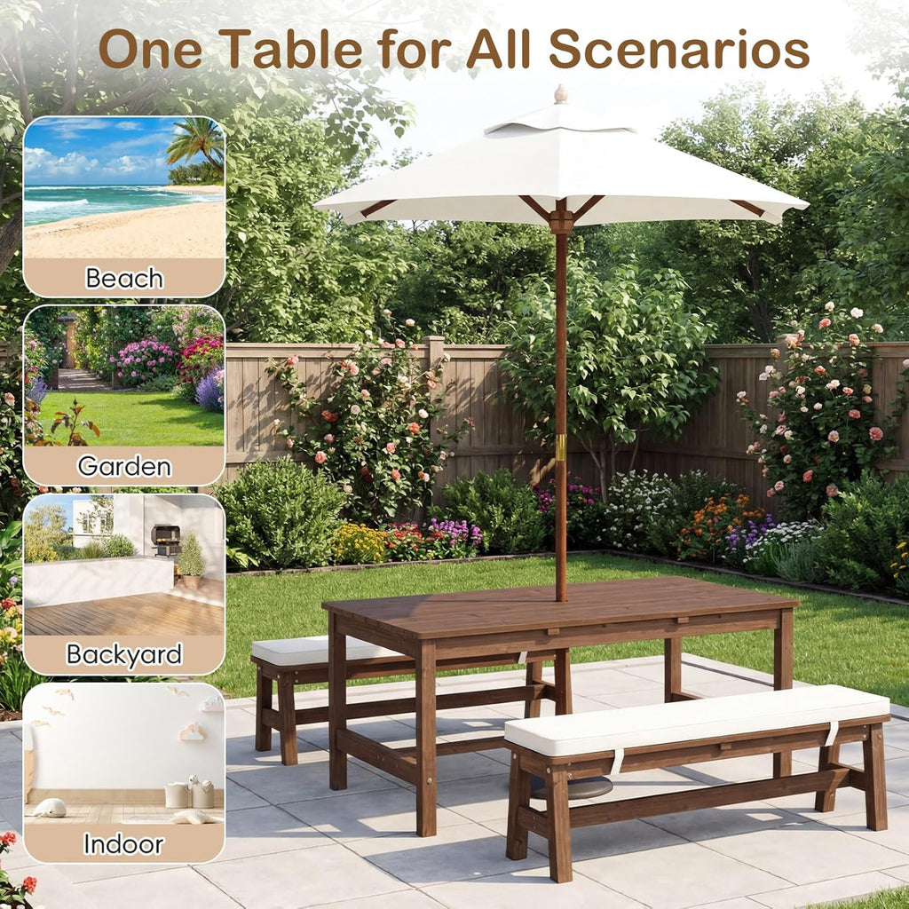 Olakids Kids Picnic Table, Outdoor Wooden Bench Set with Removable Cushions Adjustable Foldable Umbrella