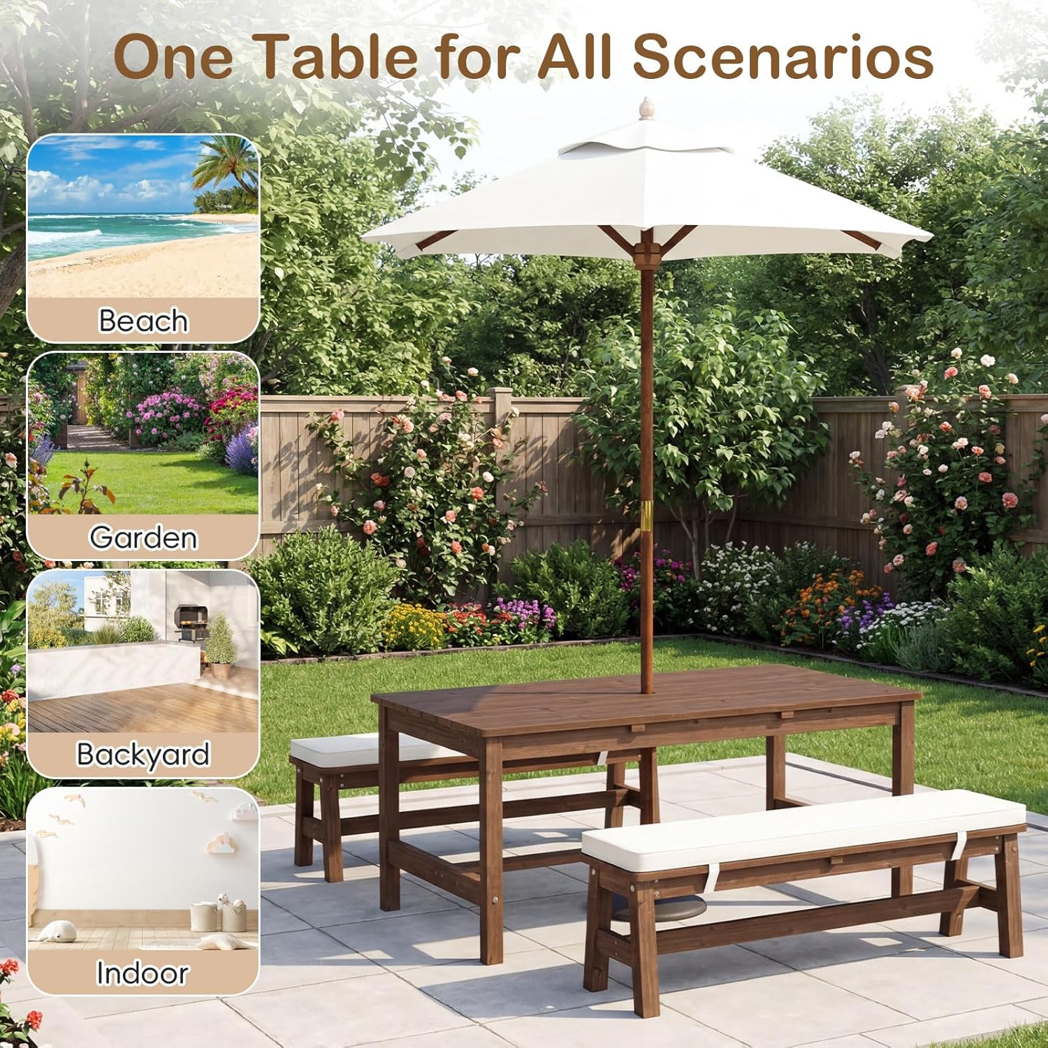 Olakids Kids Picnic Table, Outdoor Wooden Bench Set with Removable Cushions Adjustable Foldable Umbrella
