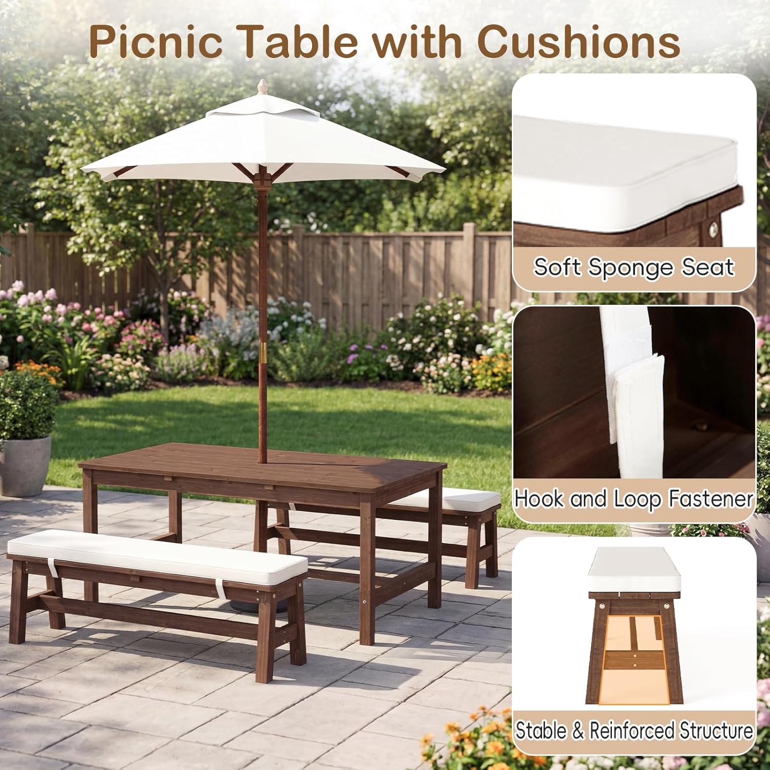 Olakids Kids Picnic Table, Outdoor Wooden Bench Set with Removable Cushions Adjustable Foldable Umbrella