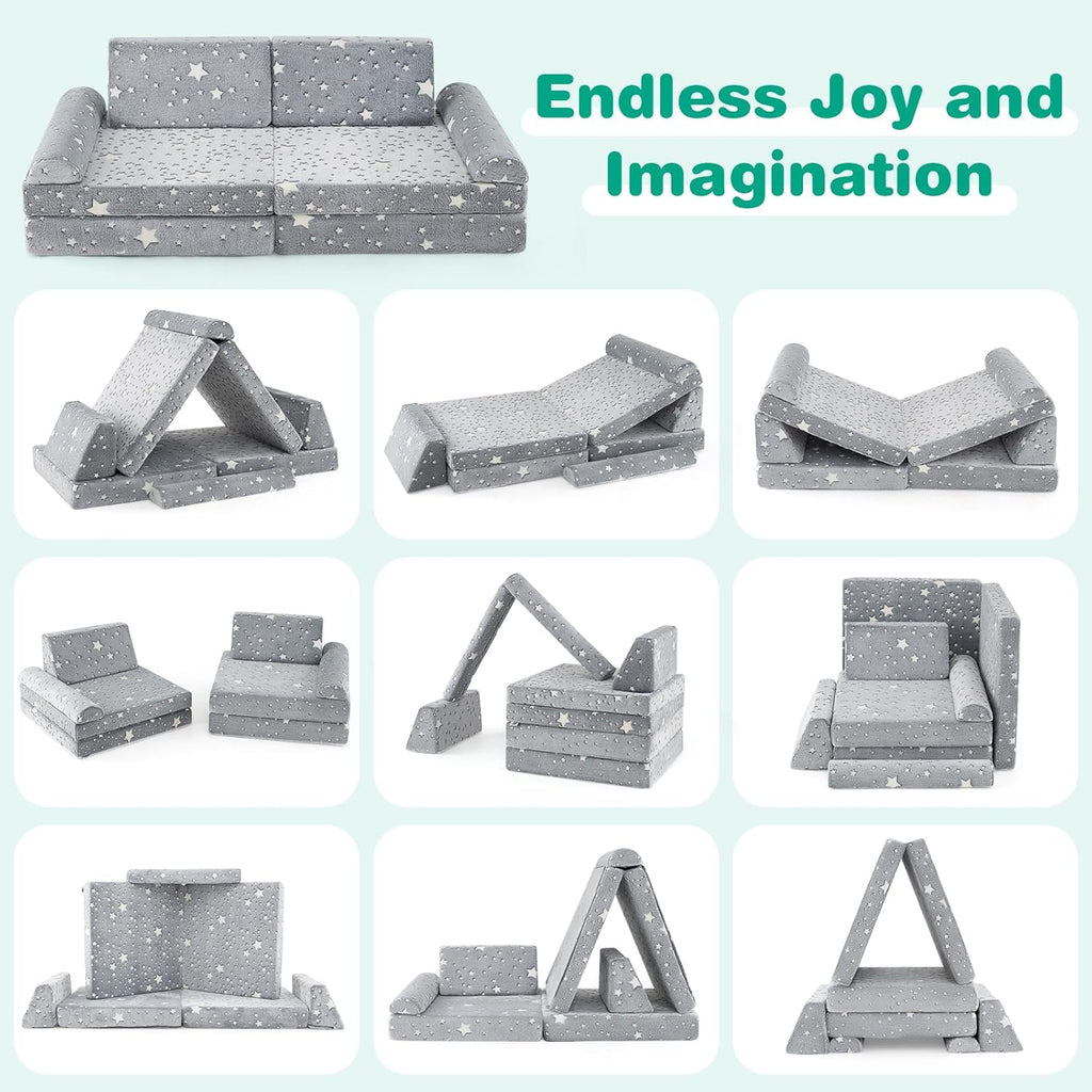 OLAKIDS Modular Kids Play Couch, 8 PCS Fluorescent Toddler Creative Sectional Fort Building Sofa for Playroom, Bedroom