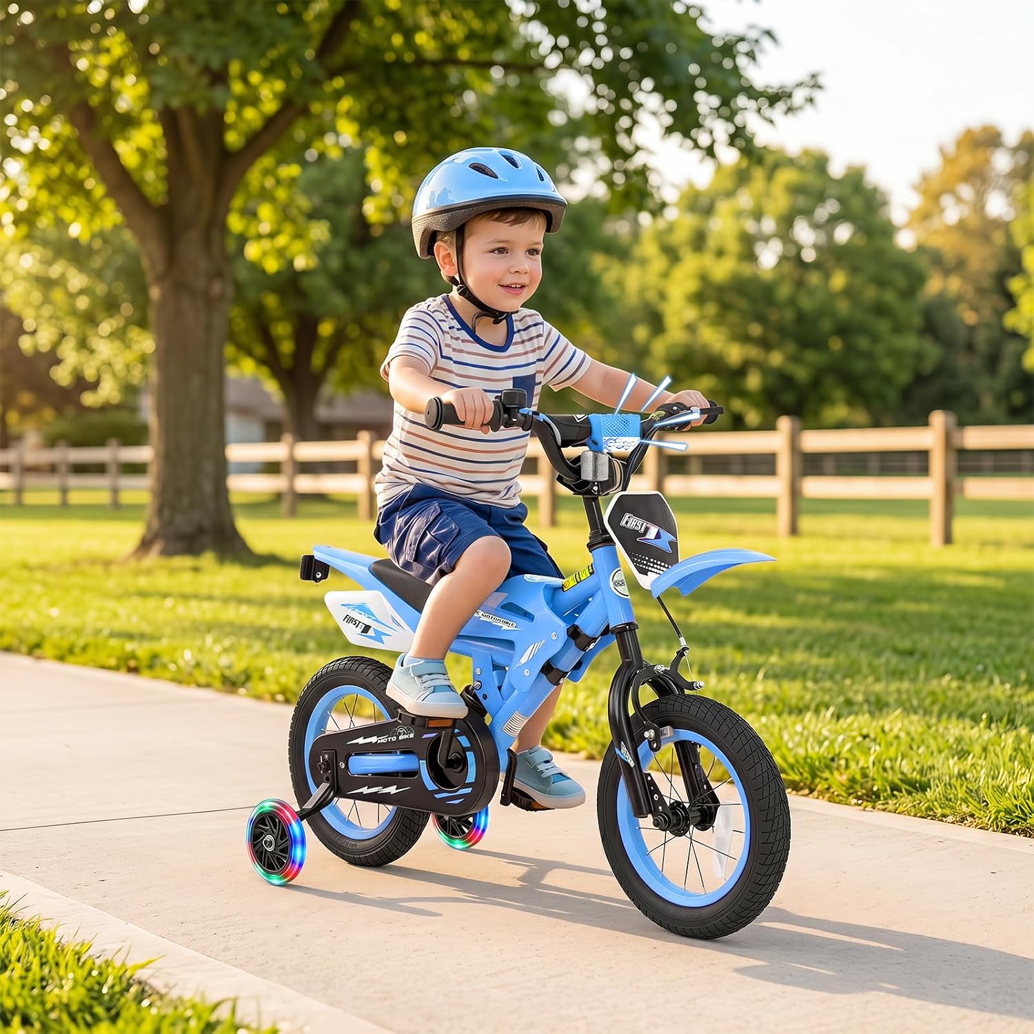 Olakids 12/16 Inch Motorcycle Kids BMX Bike with Light Training Wheels & Suspension