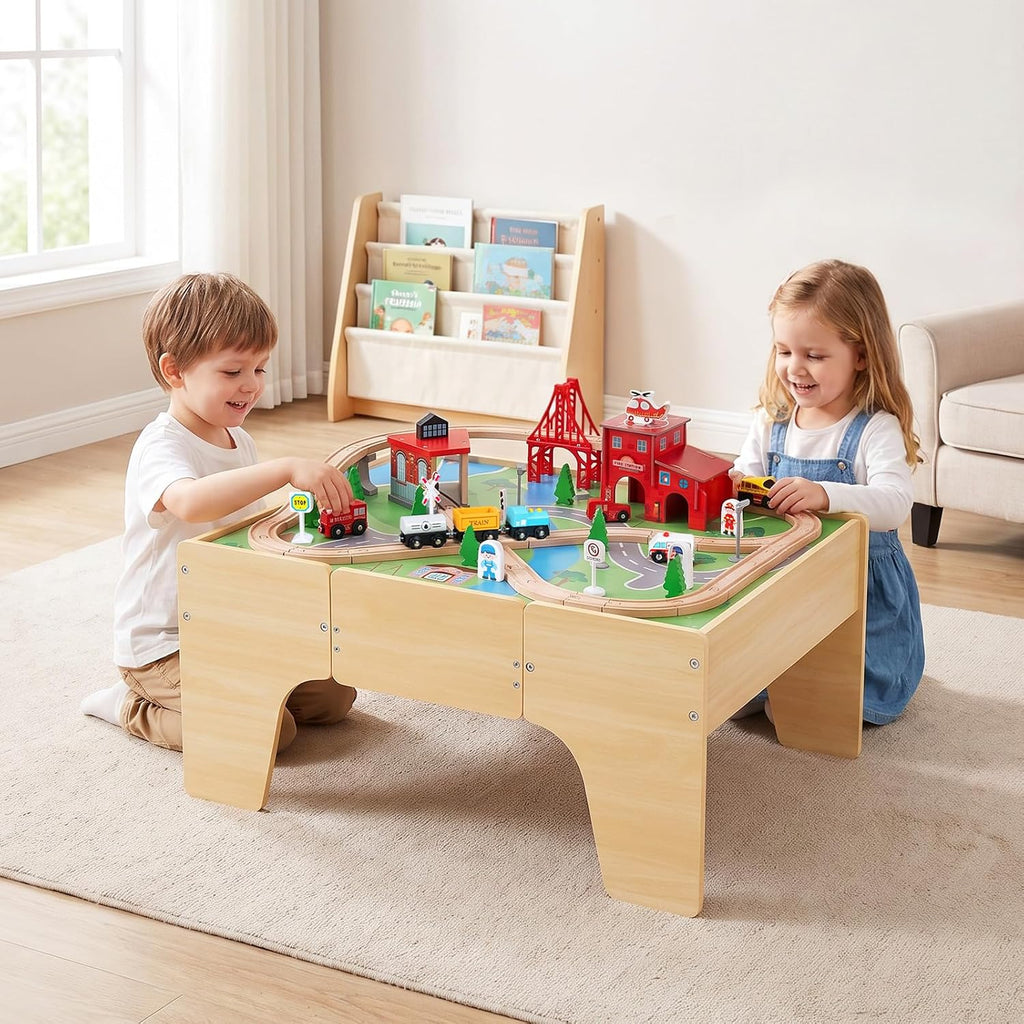 OLAKIDS Train Table, 63 PCS Wooden Kids Activity Toy with Storage Drawer