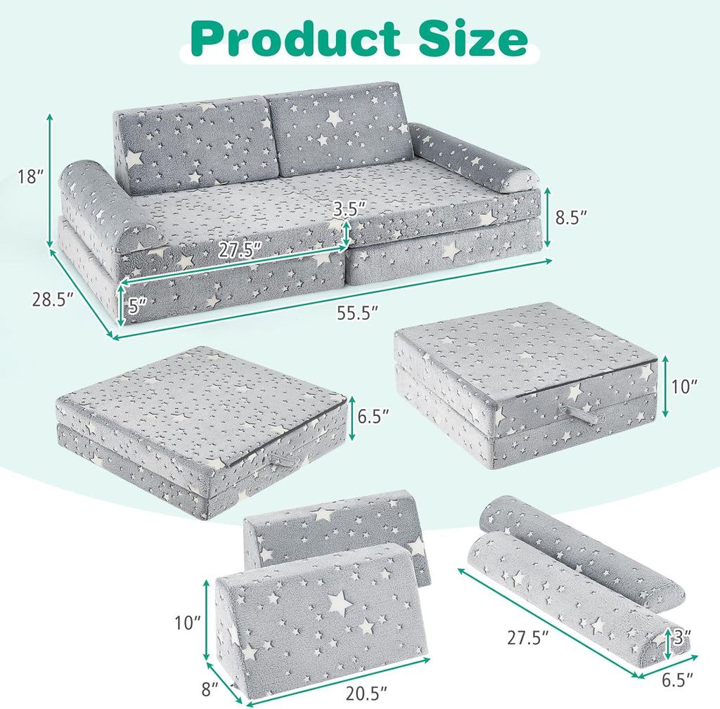 OLAKIDS Modular Kids Play Couch, 8 PCS Fluorescent Toddler Creative Sectional Fort Building Sofa for Playroom, Bedroom