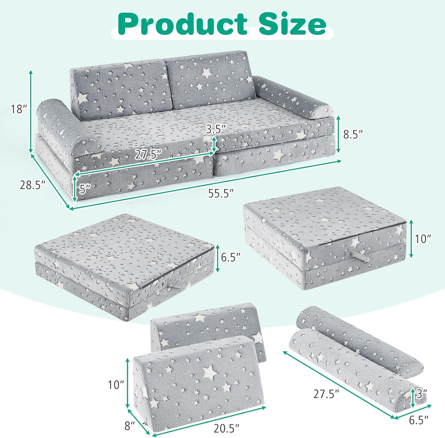 OLAKIDS Modular Kids Play Couch, 8 PCS Fluorescent Toddler Creative Sectional Fort Building Sofa for Playroom, Bedroom