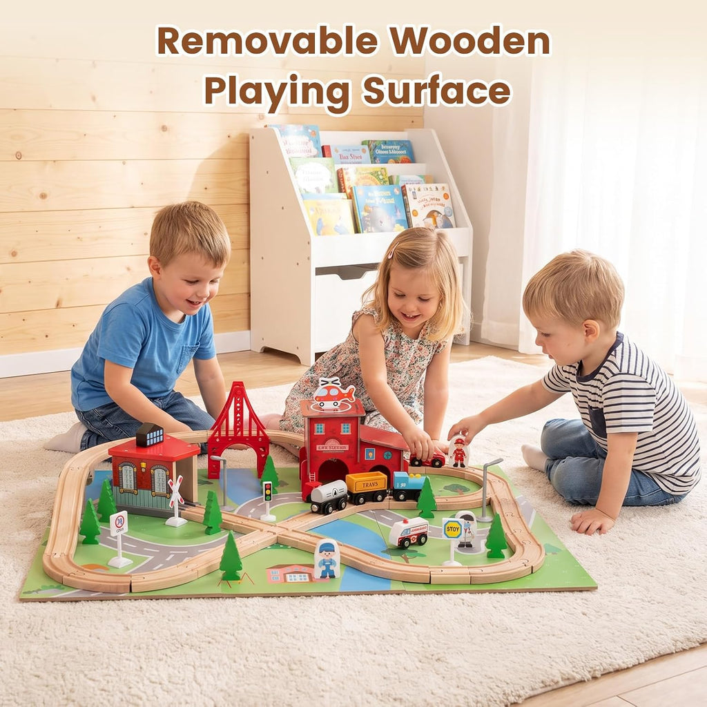 OLAKIDS Train Table, 63 PCS Wooden Kids Activity Toy with Storage Drawer