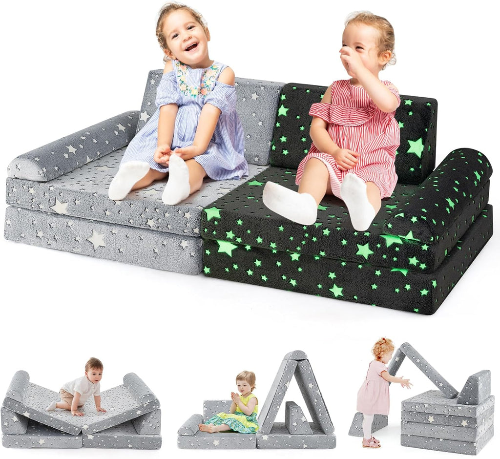 OLAKIDS Modular Kids Play Couch, 8 PCS Fluorescent Toddler Creative Sectional Fort Building Sofa for Playroom, Bedroom