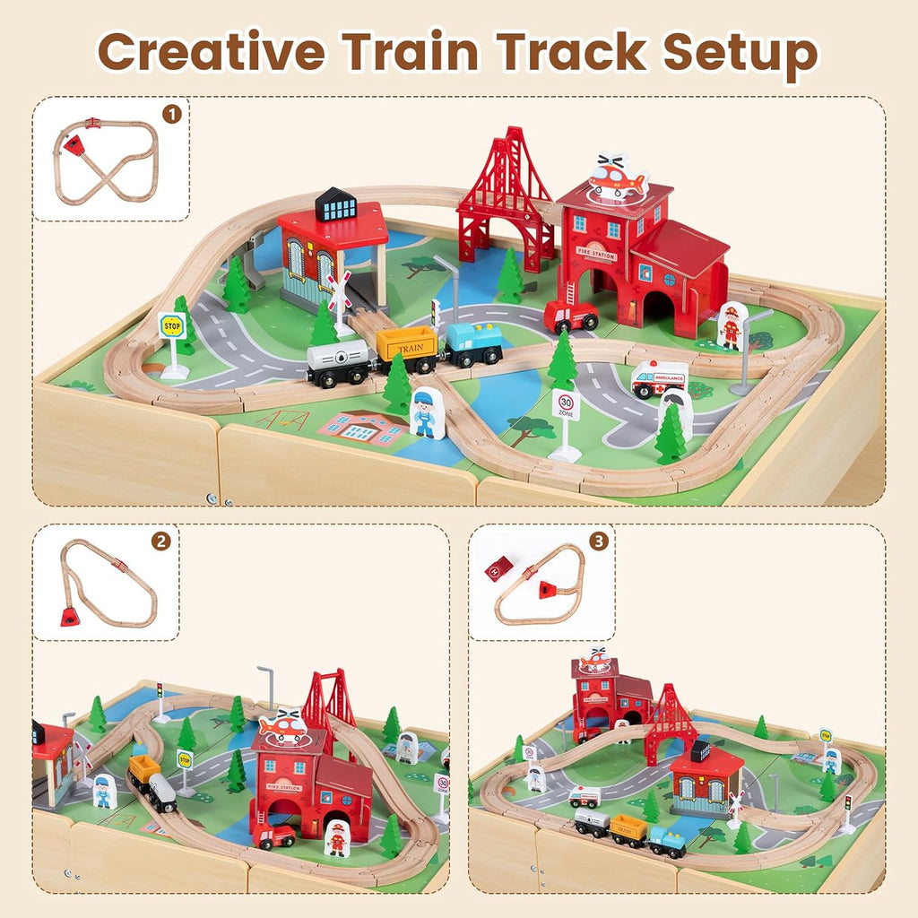 OLAKIDS Train Table, 63 PCS Wooden Kids Activity Toy with Storage Drawer