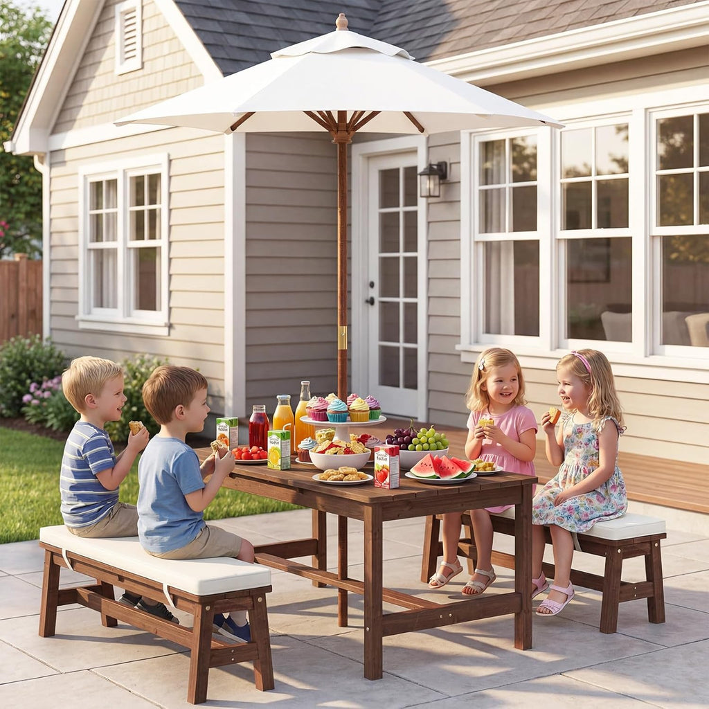 Olakids Kids Picnic Table, Outdoor Wooden Bench Set with Removable Cushions Adjustable Foldable Umbrella