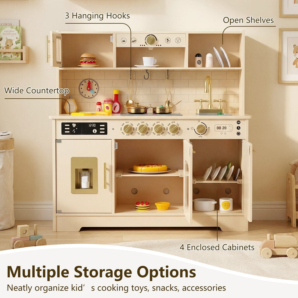 OLAKIDS Play Kitchen with Real Lights Sounds, Dishwasher, Coffee Machine, Wooden Pretend Cooking Toys with 17 Accessories for Boys Girls Ages 3+