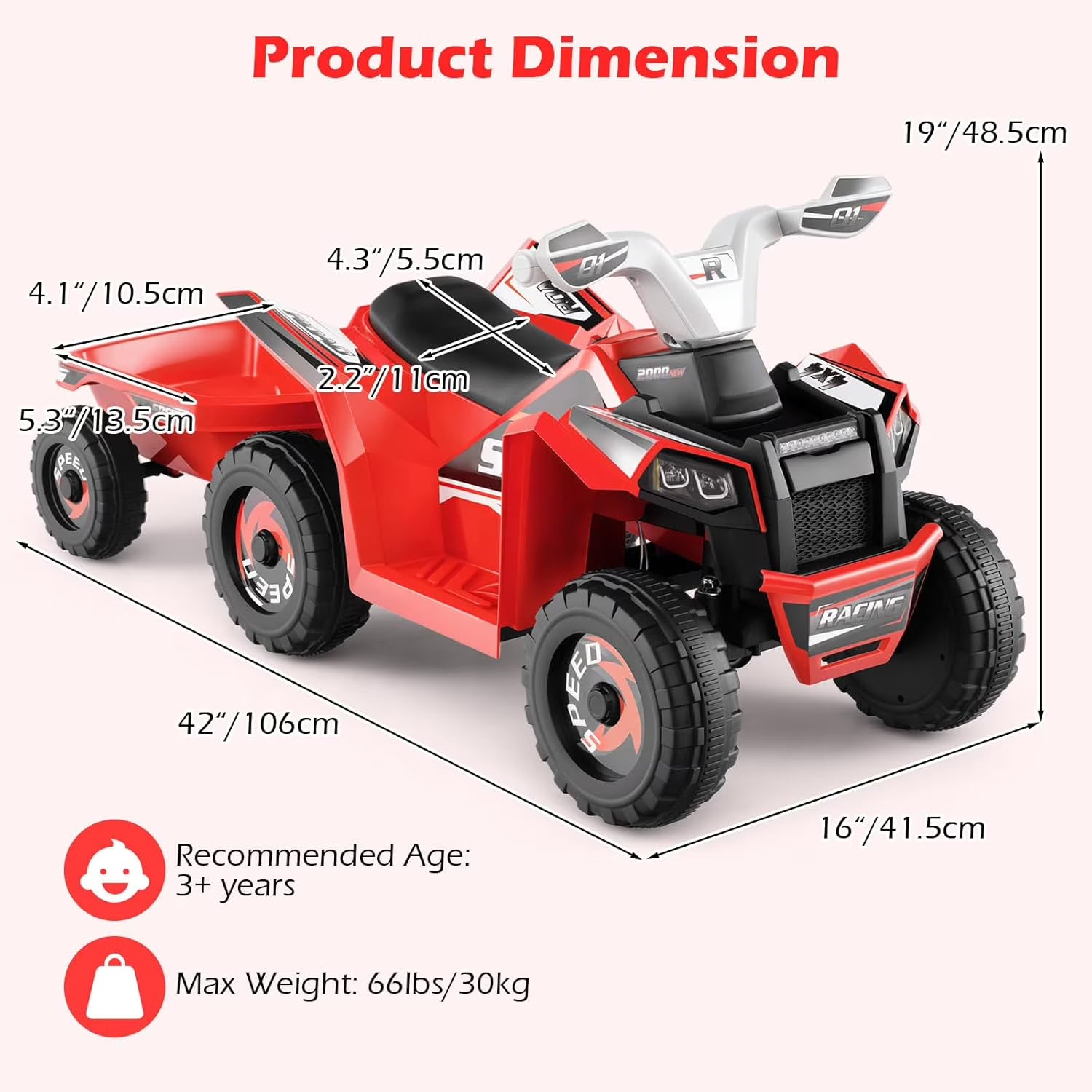 OLAKIDS 6V Kids ATV Ride On Toy with Removable Trailer and Wear Resistant Wheels