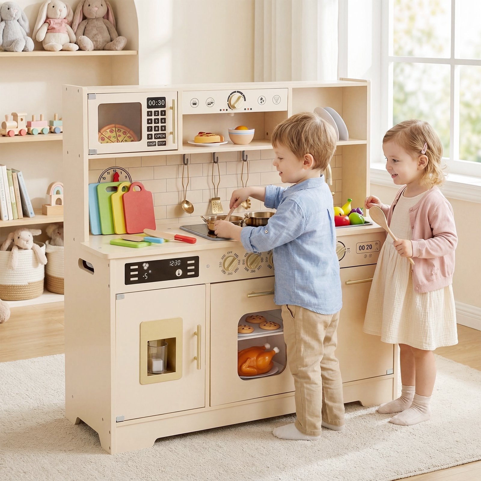 OLAKIDS Play Kitchen with Real Lights Sounds, Dishwasher, Coffee Machine, Wooden Pretend Cooking Toys with 17 Accessories for Boys Girls Ages 3+