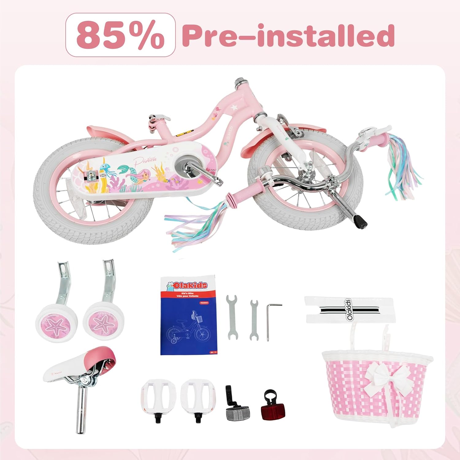 Olakids Kids Bike, 12 14 16 18 20 Inch Mermaid Theme Girls Bicycle with Training Wheels