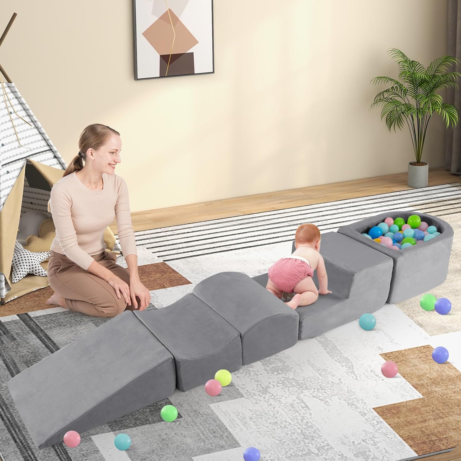OLAKIDS 5-Piece Toddler Foam Climbing Blocks with Ball Pit, Indoor Play Gym for Crawling & Sliding