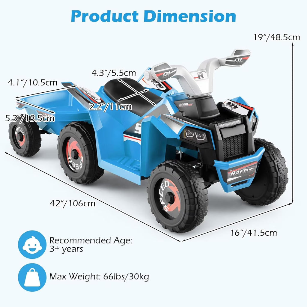 OLAKIDS 6V Kids ATV Ride On Toy with Removable Trailer and Wear Resistant Wheels
