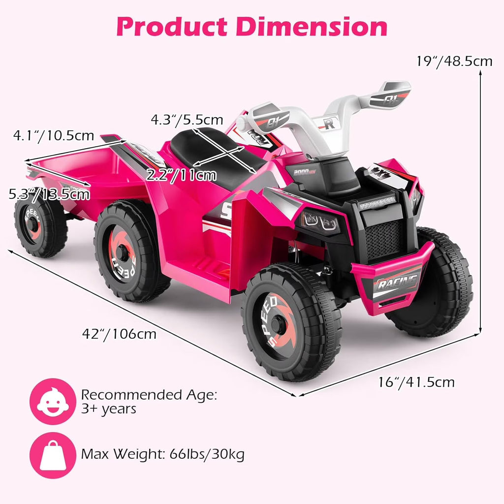 OLAKIDS 6V Kids ATV Ride On Toy with Removable Trailer and Wear Resistant Wheels