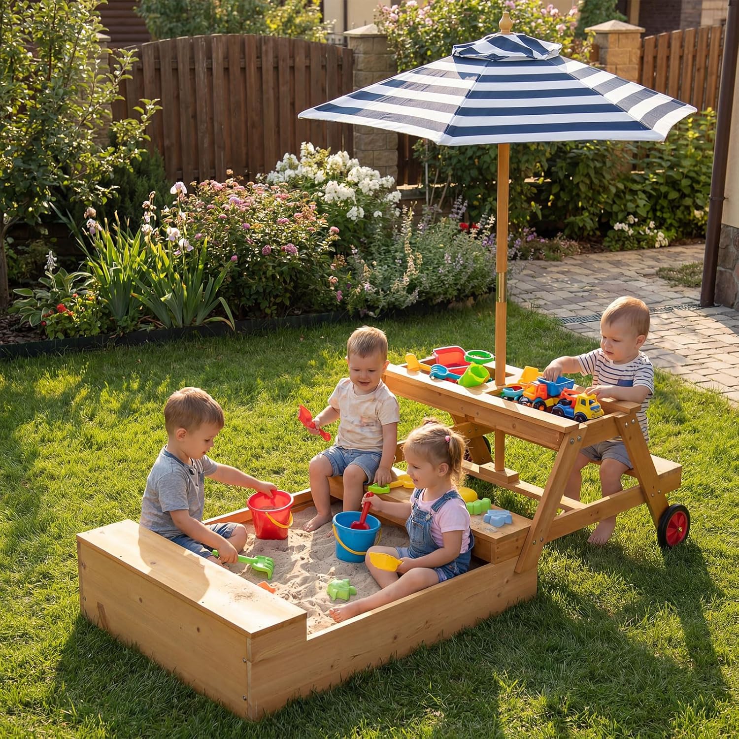 OLAKIDS 3-in-1 Wooden Picnic Table with Sandbox Benches and Umbrella