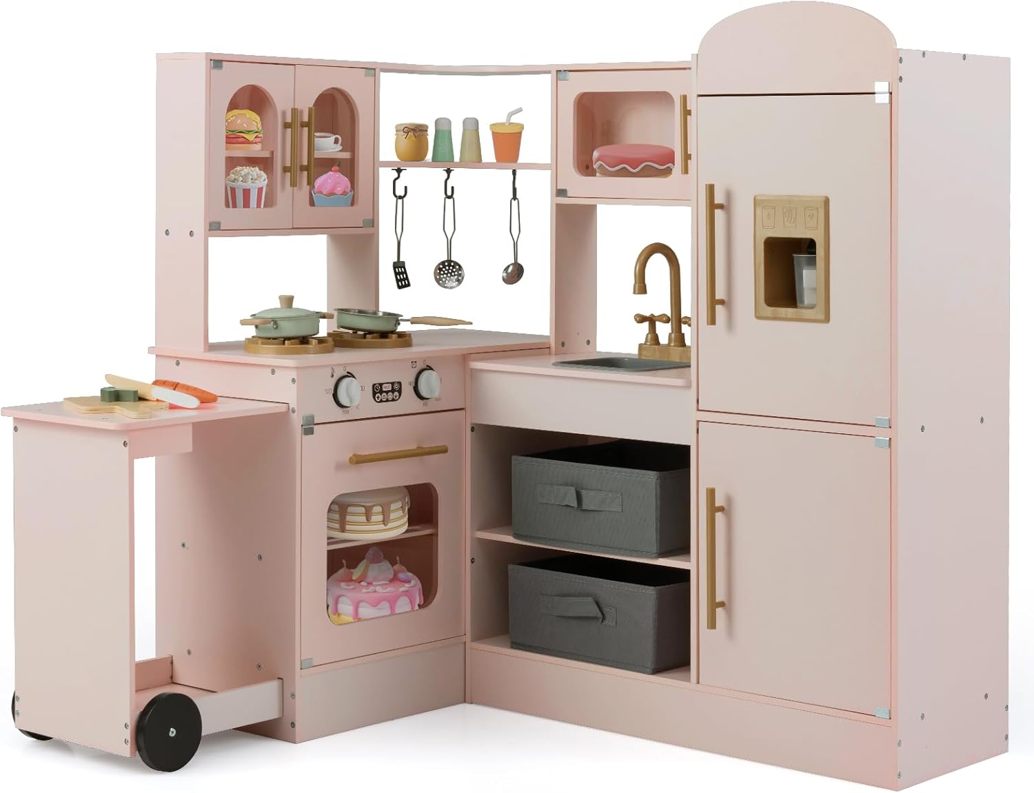 OLAKIDS Corner Kids Kitchen, Wooden Pretend Playset for Boys Girls Aged 3+