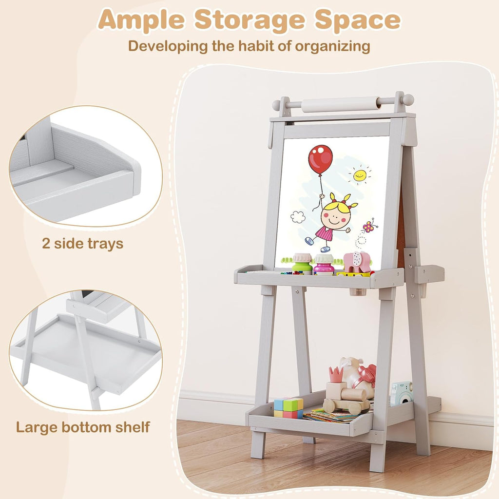 OLAKIDS Easel for Kids, 3 in 1 Adjustable Painting Art Board, Foldable Double-Sided Wooden Drawing Chalkboard Magnetic Whiteboard