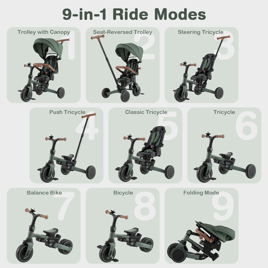 OLAKIDS 9-in-1 Foldable Toddler Tricycle Converts to Balance Bike for 1-6 Years