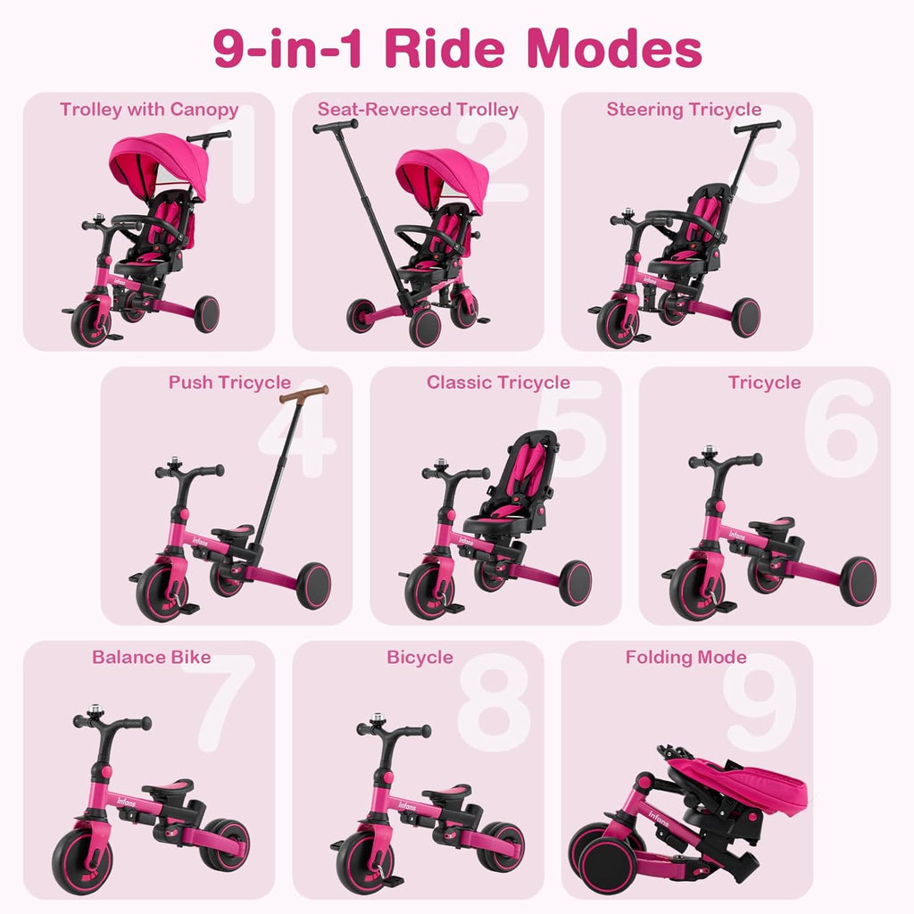 OLAKIDS 9-in-1 Foldable Toddler Tricycle Converts to Balance Bike for 1-6 Years