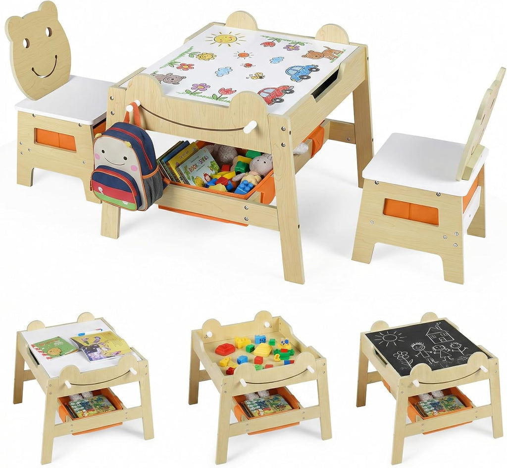 OLAKIDS Kids Table and Chair Set, 4 in 1 Wooden Activity Desk with Reversible Detachable Tabletop