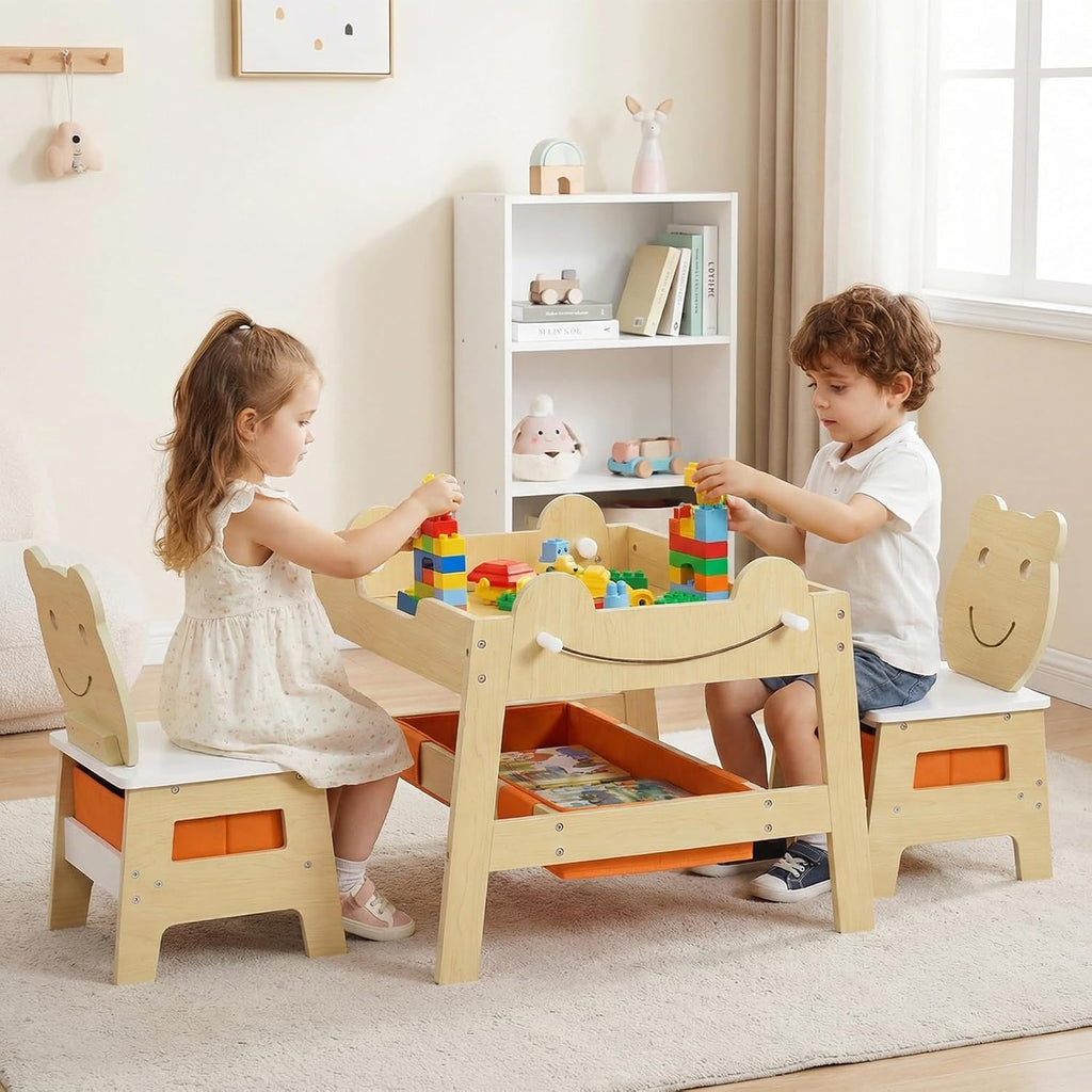 OLAKIDS Kids Table and Chair Set, 4 in 1 Wooden Activity Desk with Reversible Detachable Tabletop