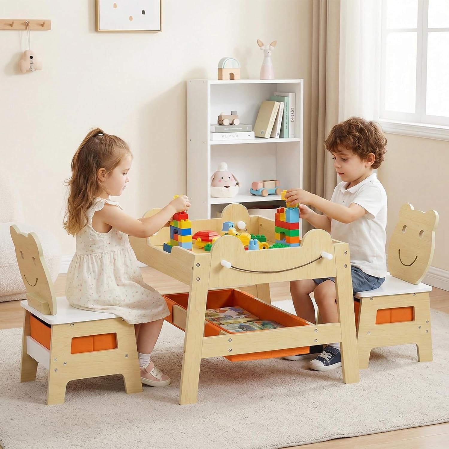 OLAKIDS Kids Table and Chair Set, 4 in 1 Wooden Activity Desk with Reversible Detachable Tabletop