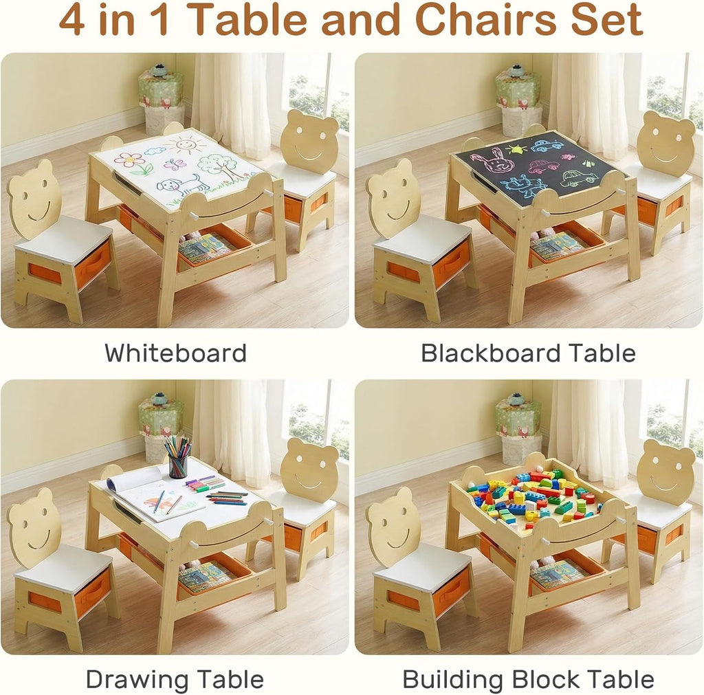OLAKIDS Kids Table and Chair Set, 4 in 1 Wooden Activity Desk with Reversible Detachable Tabletop