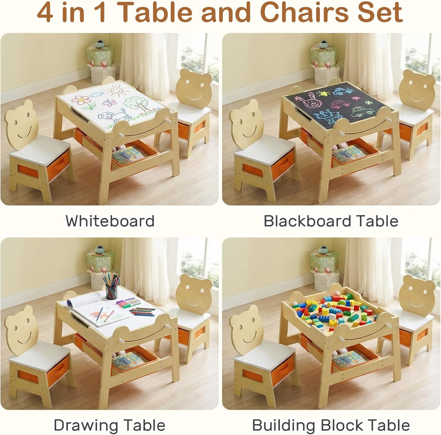 OLAKIDS Kids Table and Chair Set, 4 in 1 Wooden Activity Desk with Reversible Detachable Tabletop