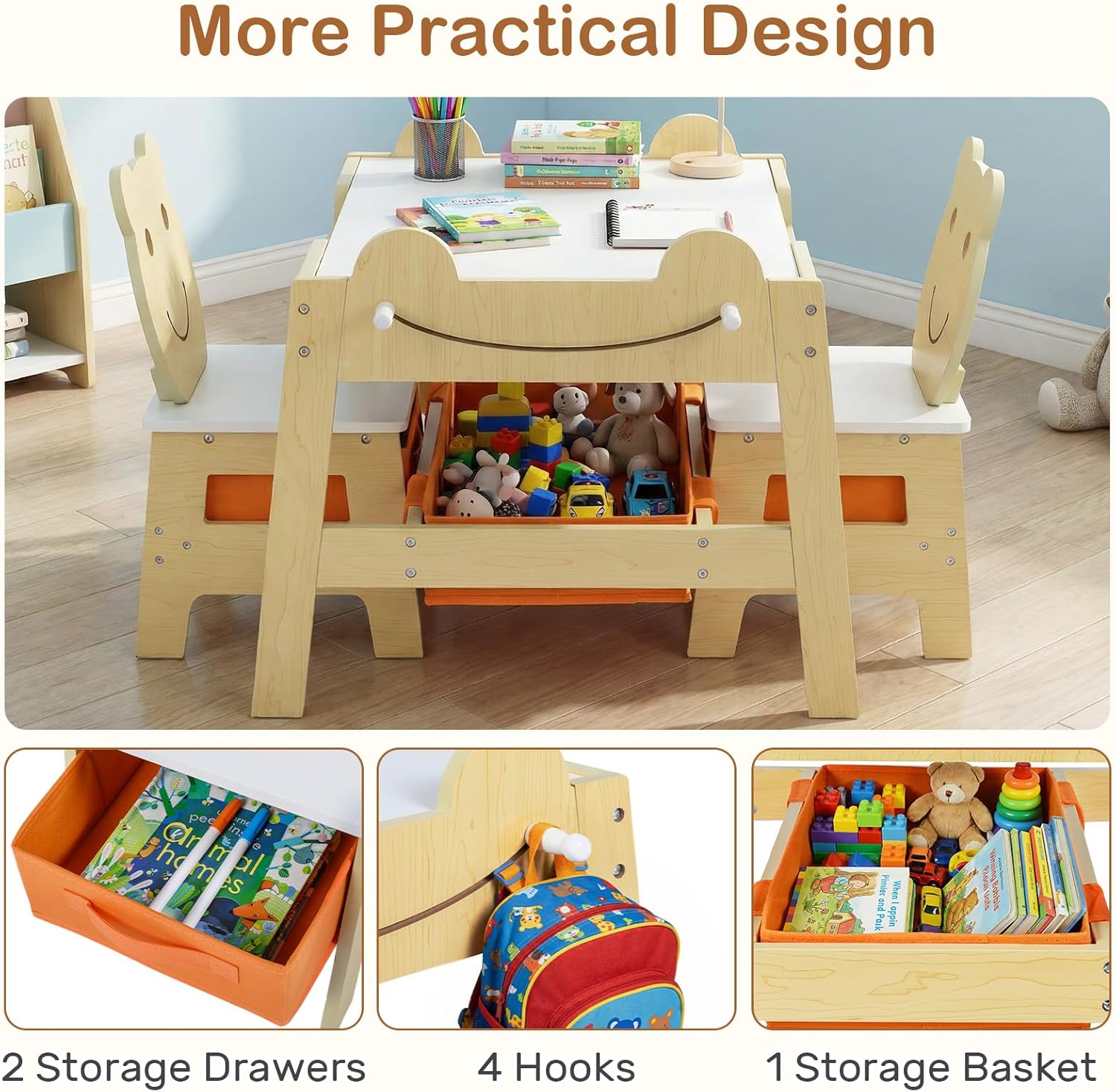 OLAKIDS Kids Table and Chair Set, 4 in 1 Wooden Activity Desk with Reversible Detachable Tabletop