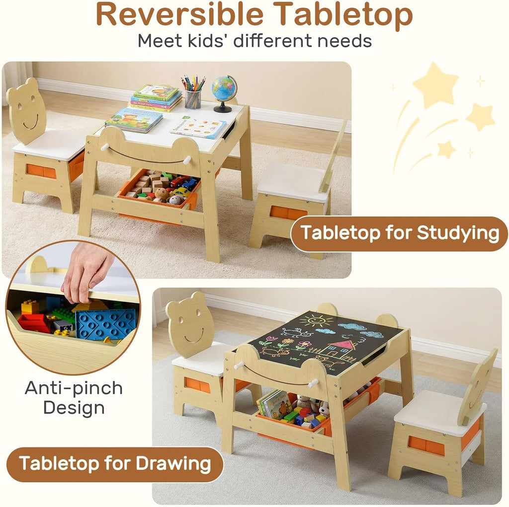 OLAKIDS Kids Table and Chair Set, 4 in 1 Wooden Activity Desk with Reversible Detachable Tabletop
