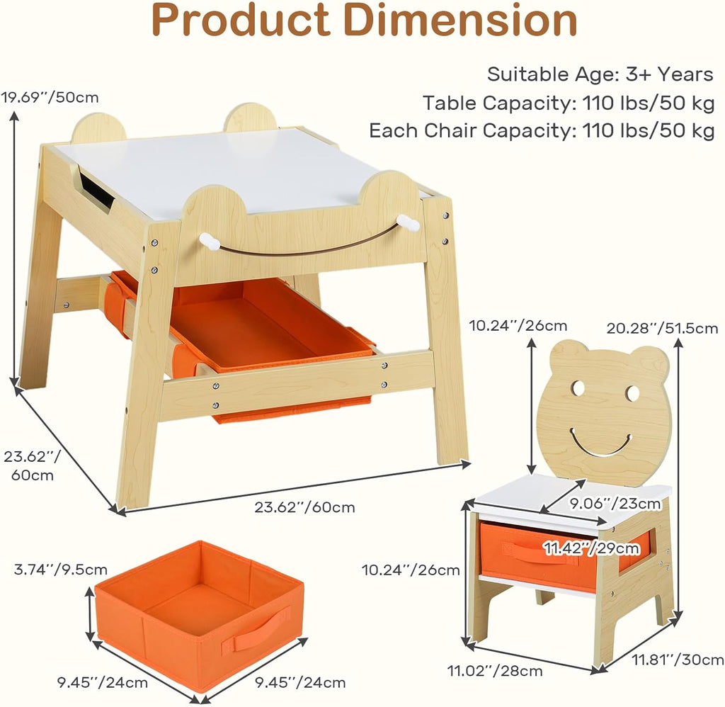 OLAKIDS Kids Table and Chair Set, 4 in 1 Wooden Activity Desk with Reversible Detachable Tabletop